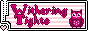 An 88 by 31 button with a white border and a white and pale pink horizontal stripe background. The lower left corner has a semicircle cutout with a pale pink heart. The words Withering Tights are written in bright pink outlined with dark pink in a very curvy serif pixel font.