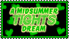 A black stamp with a green scalloped border. There are scattered green stars over the black background. A Midsummer Tights Dream is written in two fonts, one reminiscent of old horror movie posters and Tights in a blocky marquee. Both words are green with a white outline.