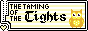 An 88 by 31 button with a white border and a white and pale yellow horizontal stripe background. The lower left corner has a semicircle cutout with a pale yellow heart. The first four words in The Taming of the Tights are written in a simple pixel font, and Tights is written in a gothic blackletter style font. All five are in black.