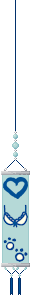 A slim dangling banner with a light teal background and navy graphics of a heart, a bra, and two paw prints on it. 