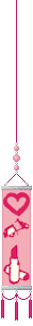 A slim dangling banner with a pale pink background and deep pink graphics of a heart, a motor scooter, and a tube of lipstick on it. 