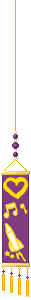 A slim dangling banner with a dark purple background and golden yellow graphics of a heart, two music notes, and a rocket on it. 