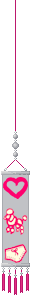 A slim dangling banner with silver grey background and pink graphics of a heart, a poodle, and a pair of underwear on it. 